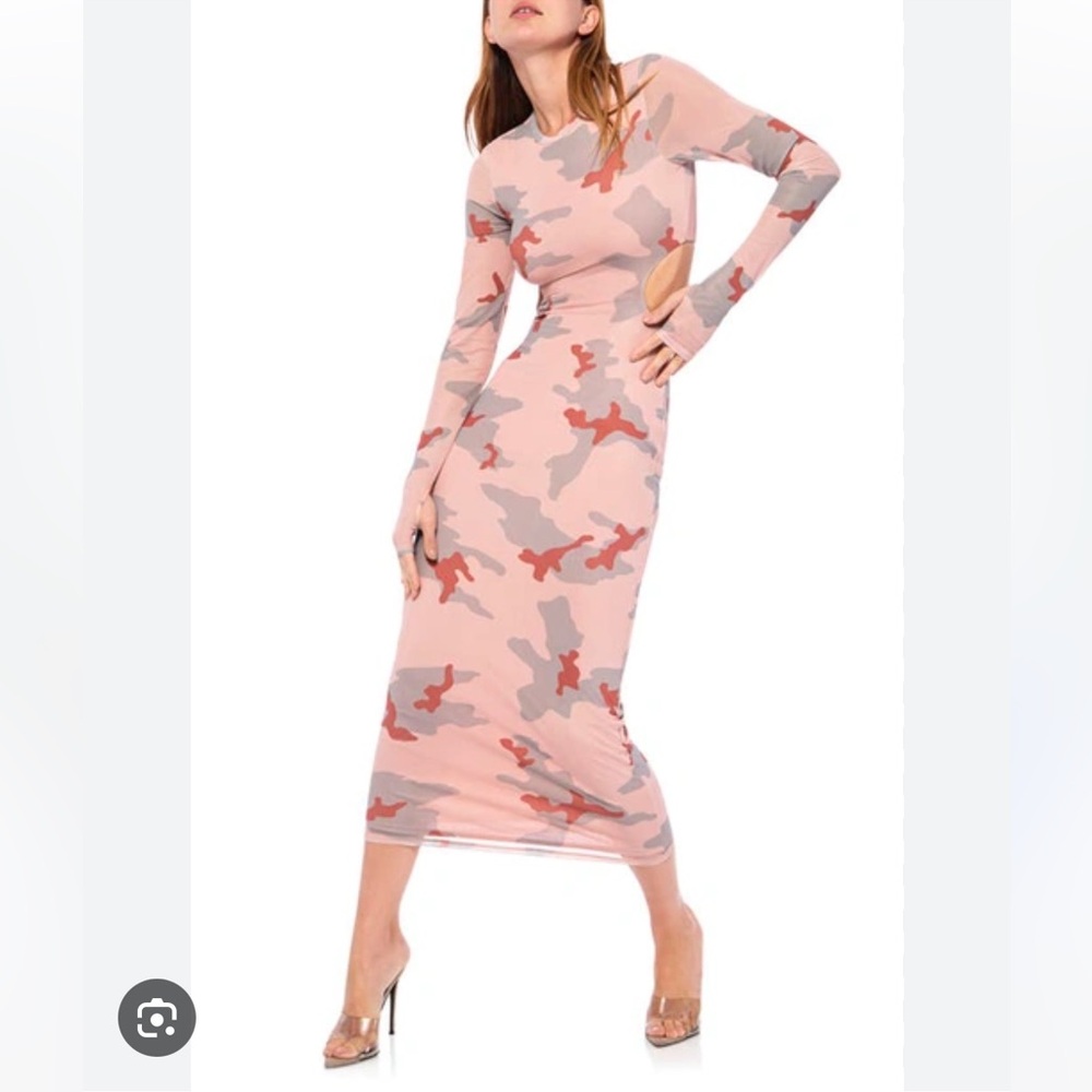 AFRM Janet Cutout Long Sleeve Mesh Midi Dress in taupe camp